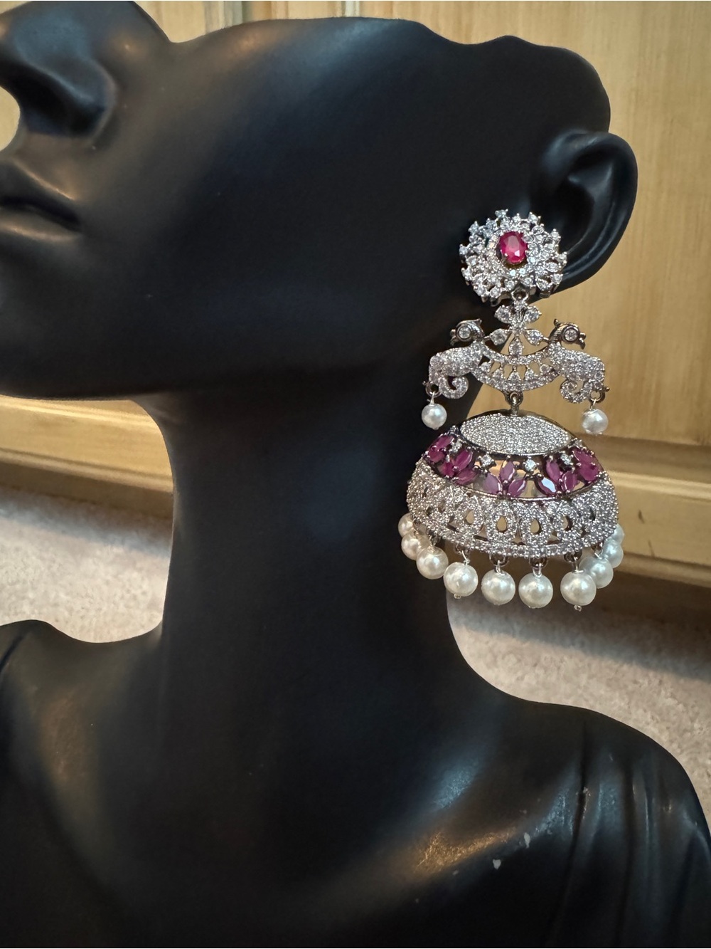 Silver-Tone Pink Stone Pearl Drop Earrings - Women Jewelry